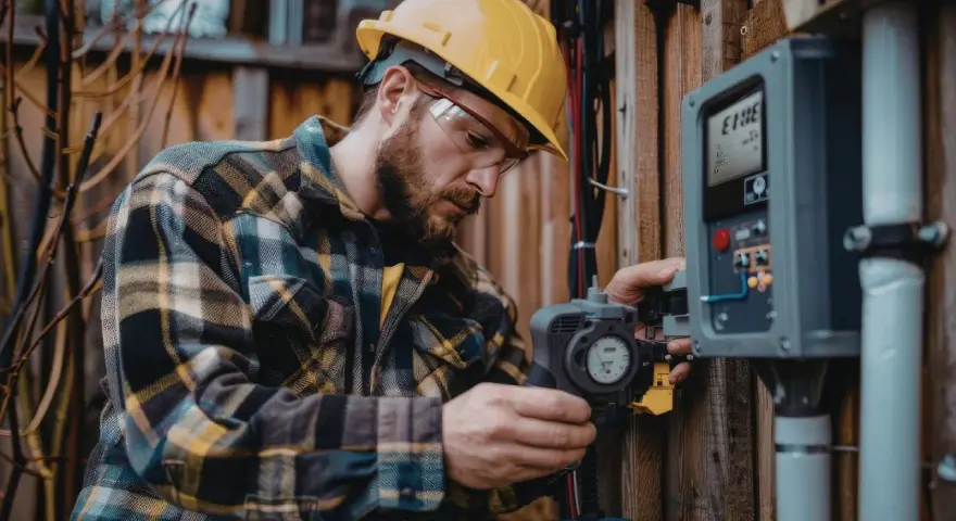 Technik w kasku i okularach ochronnych, z narzędziem en50549-pl, pracuje przy panelu sterowania na drewnianej ścianie.