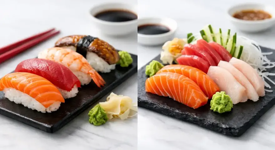 Dwa talerze z różnorodnym sushi i sashimi: łosoś, tuńczyk, krewetka, węgorz, biała ryba. Podane z wasabi i imbirem.