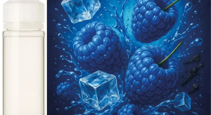 Botella vacía junto a frambuesas azules, cubitos de hielo y salpicaduras de agua.