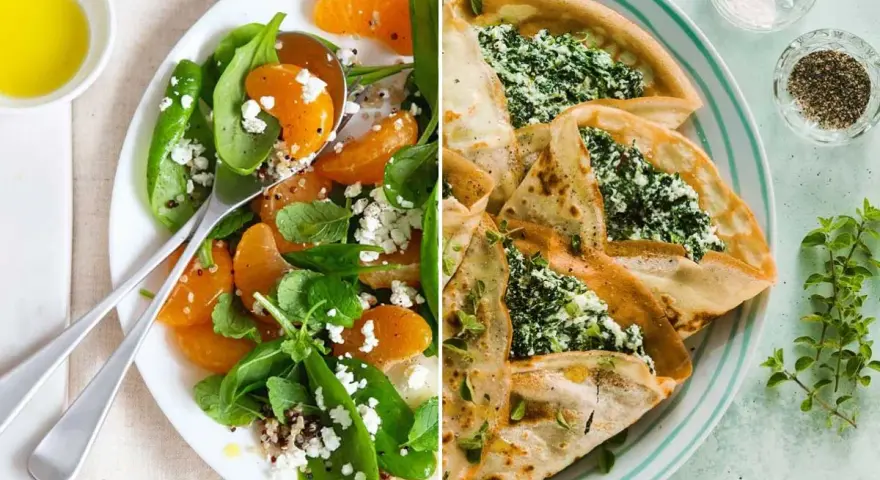 Deliciosas recetas con espinacas: ensalada fresca con naranja y queso feta, y crepes rellenos.