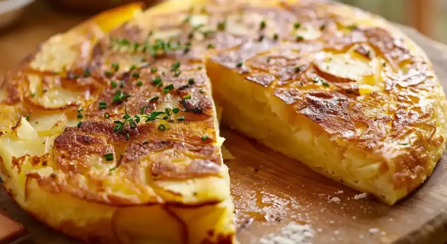 En gyllene spansk omelett, skuren i ett stycke, med tunna potatisskivor och toppad med färska örter.