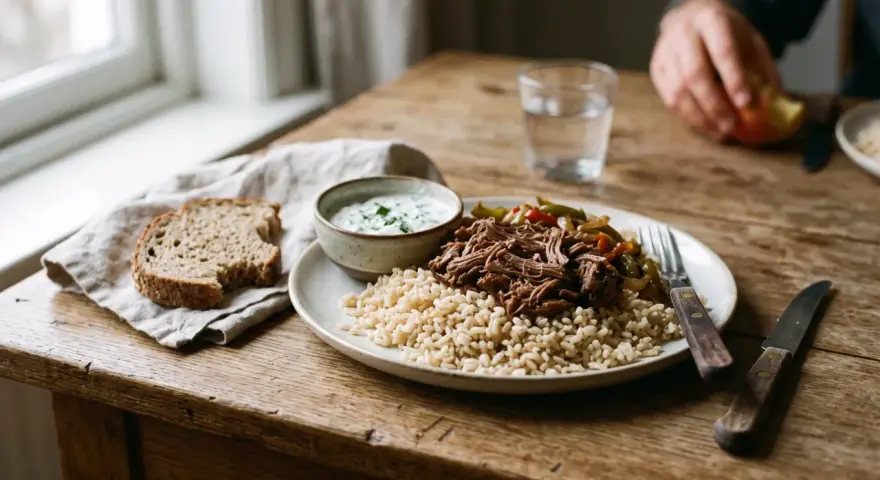 Assiette de riz brun, effiloché de bœuf et légumes, avec une sauce blanche et du pain. Une alimentation équilibrée pour la musculation.