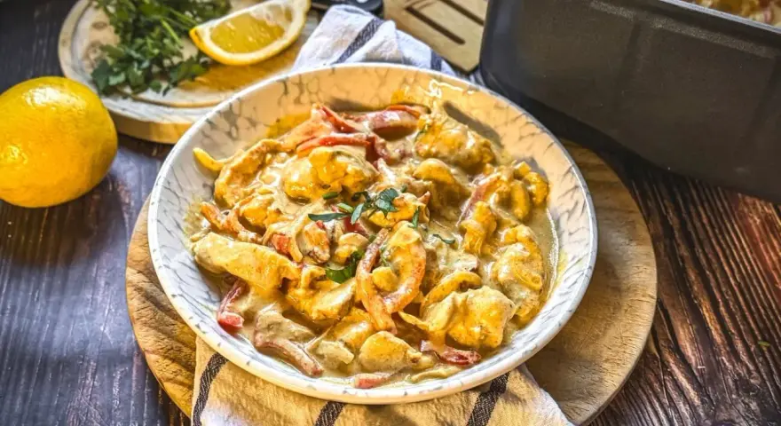 Cremiges Hähnchengeschnetzeltes mit Paprika in einer Schüssel, garniert mit Kräutern. Ein leckeres geschnetzeltes rezept.