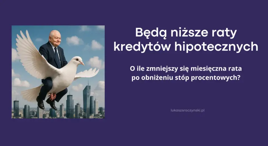 Mężczyzna na gołębiu nad miastem. Pytanie: o ile spadnie rata kredytu po obniżeniu stóp procentowych?