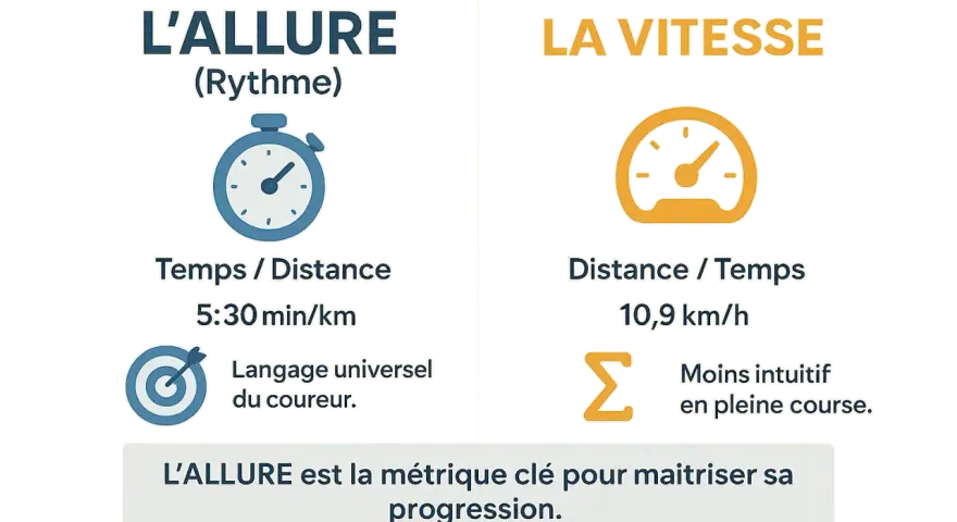 Comparaison entre allure (temps/distance) et vitesse (distance/temps). L'allure aide à calculer une vitesse intuitivement.