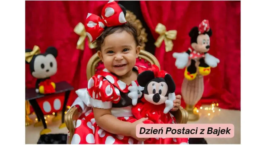 Uśmiechnięta dziewczynka w stroju Myszki Miki trzyma pluszową zabawkę. W tle inne **stare postacie z bajek**.