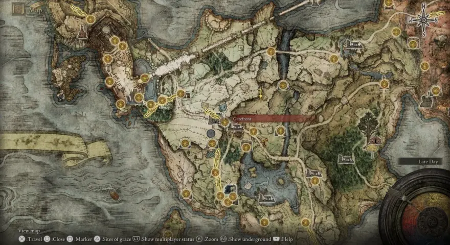 Mapa de Elden Ring. La zona de Gatefront es ideal para farmear runas.