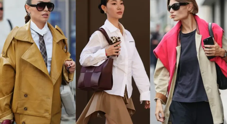 Trzy kobiety prezentują modne stylizacje z elementami color blocking: musztardowa kurtka, brązowa torebka i beżowy płaszcz z fuksjową narzutką.