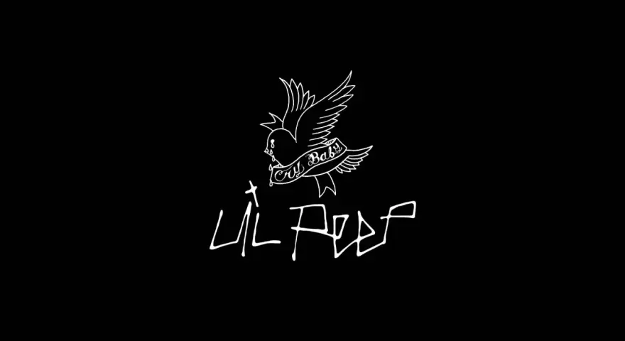 Biały ptak z napisem "Cry Baby" na wstędze i podpis "Lil Peep" na czarnym tle. Bez wątpienia symbolizuje smutek.