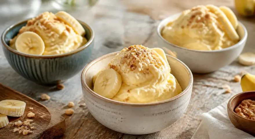 Cremiges Bananensirbet in Schalen, garniert mit Bananenscheiben und Nüssen. Ein erfrischender Genuss!