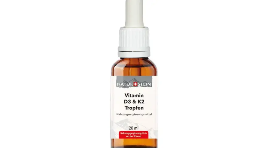 Braune Glasflasche mit Pipette, gefüllt mit Vitamin D3 & K2 Tropfen.