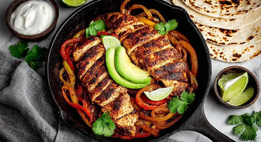 Fajitas de pollo con pimientos, aguacate y tortillas. ¡Un festín listo para disfrutar!