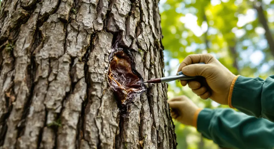 Une main gantée prélève de la résine sur un vieil arbre. Peut-on abattre un arbre de plus de 30 ans ? La nature a ses secrets.