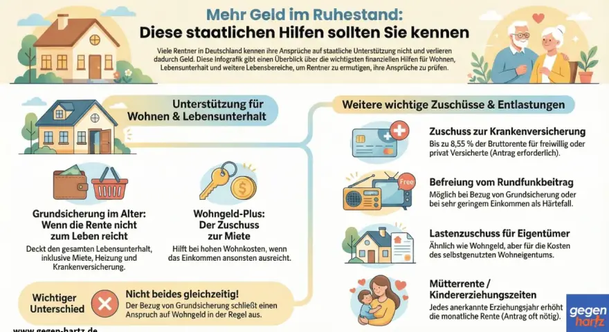 Infografik zeigt staatliche Hilfen für Rentner. Sie erklärt, wieviel Rentenpunkte bei Pflegegrad 2 relevant sind, z.B. Wohngeld-Plus.