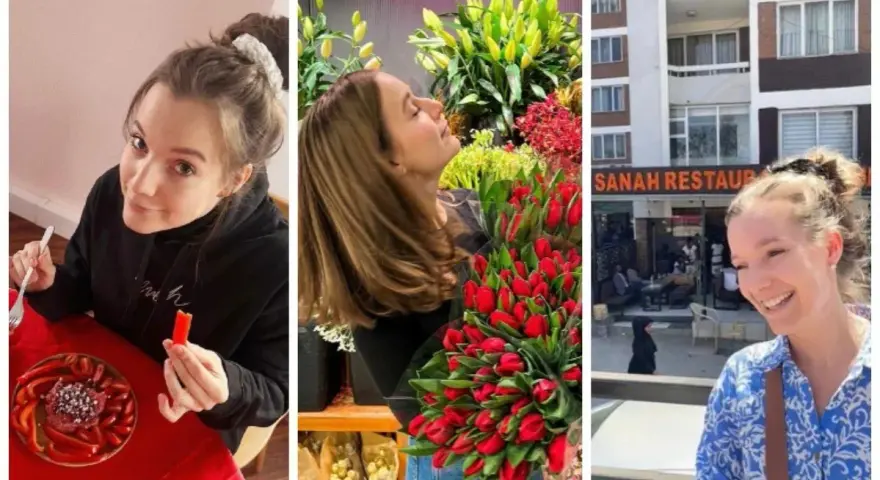 Uśmiechnięta dziewczyna przy stole z papryką, z bukietem tulipanów i przed restauracją Sanah.