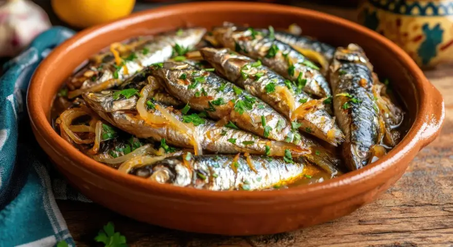 Sardinas en escabeche, un plato tradicional con cebolla y perejil, servido en una cazuela de barro.
