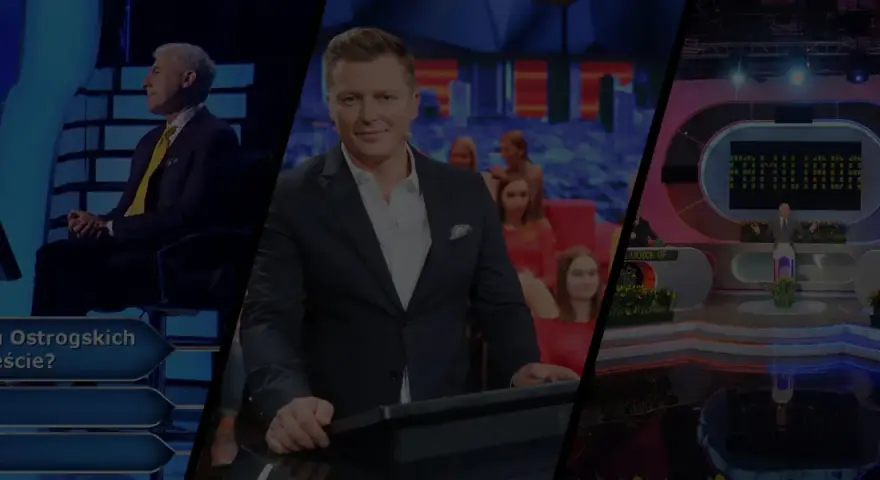 Trzy sceny z teleturniejów, w tym prowadzący i uczestnicy. Czy to melodia vod?