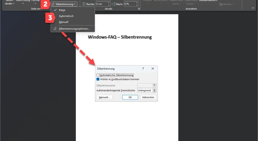 Menüpunkt "Layout" > "Silbentrennung" > "Automatisch" ausgewählt. Dialogfeld "Silbentrennung" mit Option "Automatische Silbentrennung" ist geöffnet.