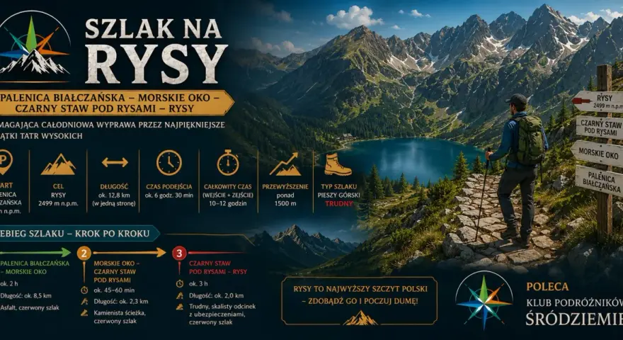 Wędrowiec na szlaku z widokiem na Morskie Oko i góry. Trasa prowadzi przez Palenicę Białczańską, Morskie Oko, Czarny Staw pod Rysami, aż na Rysy.