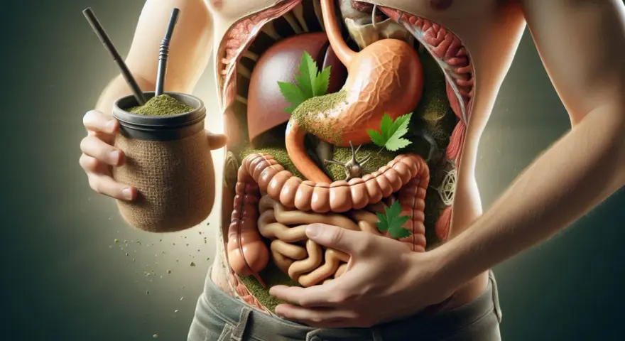 Wnętrze człowieka z trawą yerba mate, sugerujące yerba mate - właściwości negatywne.