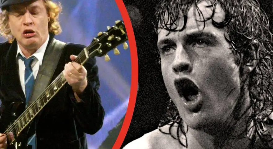 Gitarzysta AC/DC w czapce i krawacie gra na gitarze. Obok jego wizerunek z mokrymi włosami i otwartymi ustami.