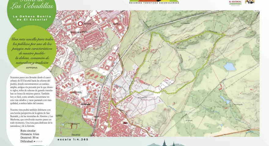 Mapa de rutas san lorenzo del escorial, destacando la "Ruta de Las Cebadillas" a través de la dehesa, un camino histórico para el ganado.