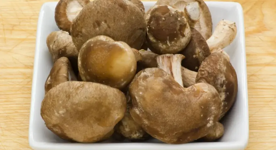 Świeże grzyby shiitake w białej misce, idealne na keto dietę.