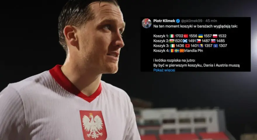 Piłkarz w koszulce z orłem na piersi, obok wpis o koszykach w barażach, kiedy mecze reprezentacji Polski w piłce nożnej.