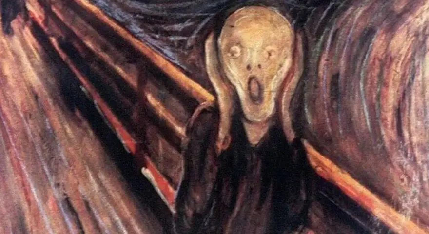 En ikonisk målning av Edvard Munch, "Skriet", visar en skräckslagen figur som håller sig för öronen mot en dramatisk, virvlande bakgrund.