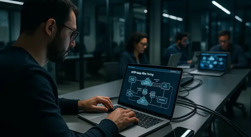 Ein Mann mit Brille tippt auf einem Laptop, auf dem ein Diagramm mit dem Titel "HTTP Keep Alive Turing" zu sehen ist. Er arbeitet daran, die Verbindung am Leben zu halten.