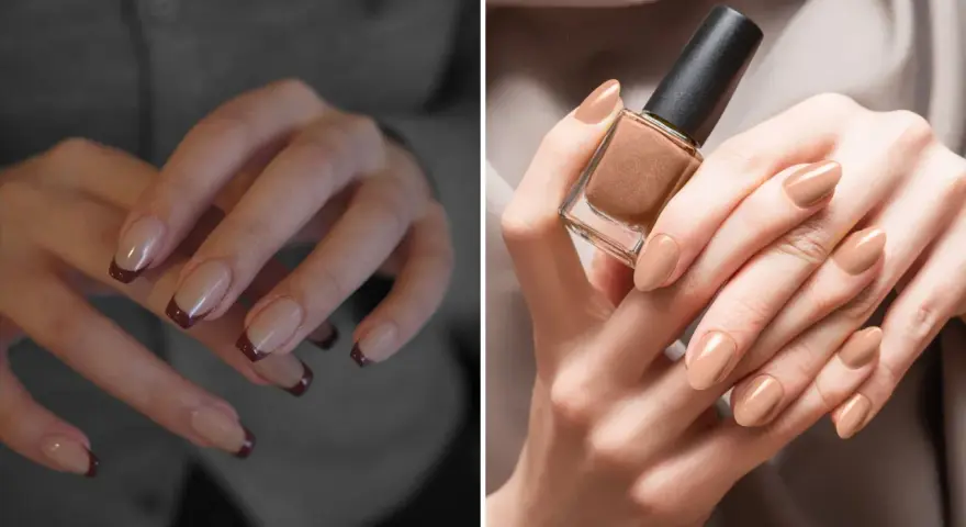 Dwie propozycje delikatnych paznokci na jesień: klasyczny french z bordową końcówką i beżowy manicure z błyszczącym lakierem.