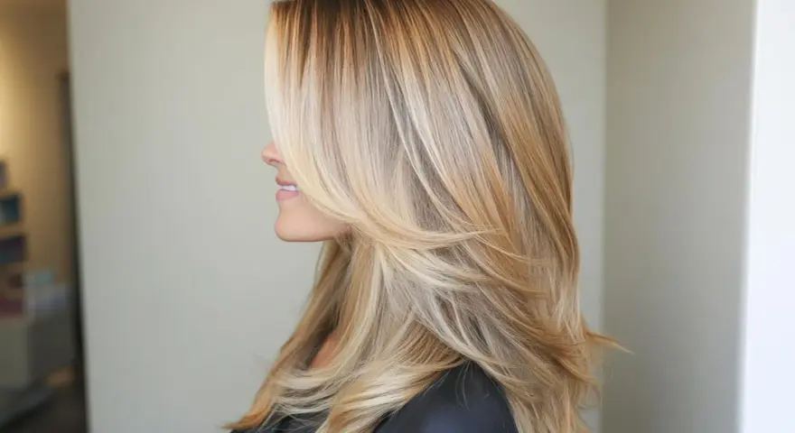 Kobieta z pięknymi, warstwowymi włosami w odcieniu ombre blond.