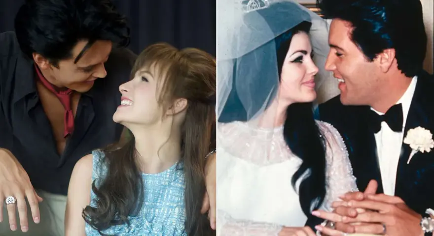 Kadr z filmu o Elvisie: Austin Butler jako młody Elvis i Priscilla Presley, obok ujęcie z ich ślubu.