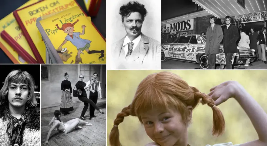 Pippi Långstrump-böcker, en man med mustasch, en bil med Beatles-tema, en balettscen och en närbild på Pippi Långstrump. En epistel-synonym kan vara en kort berättelse.
