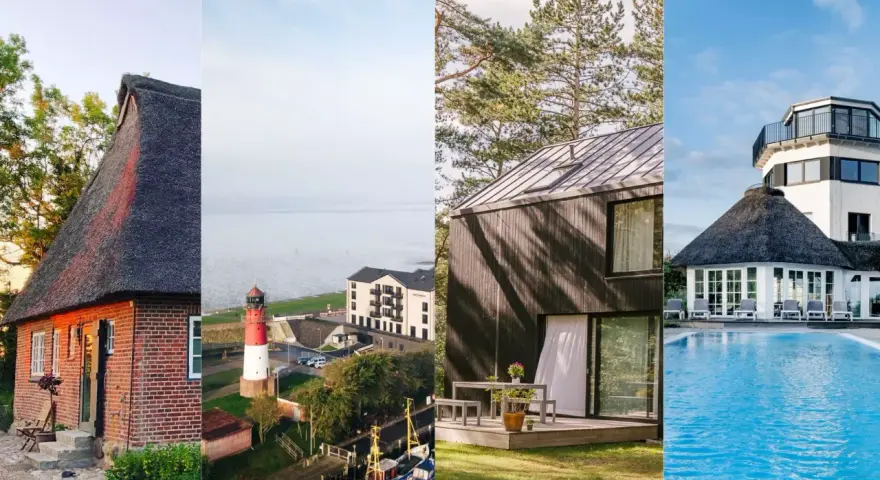 Entdecken Sie besondere Hotels Norddeutschland: Reetdachhaus, Leuchtturm, moderne Architektur und Pool.