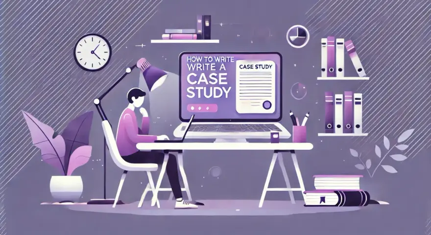 Ilustracja pokazuje osobę uczącą się, jak napisać case study. Na ekranie laptopa widnieje tytuł "HOW TO WRITE A CASE STUDY".