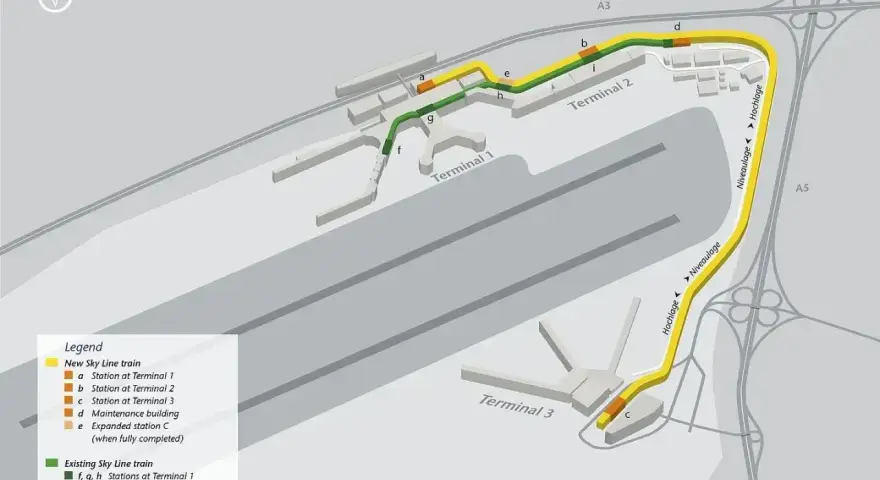 Schemat lotniska Frankfurt nad Menem z zaznaczonymi nowymi i istniejącymi trasami Sky Line train łączącymi terminale 1, 2 i 3.