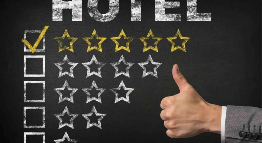 Ocena hotelu: zaznaczony pierwszy kwadrat i jedna złota gwiazdka. Kciuk w górę. Hotel zasługuje na wysokie gwiazdki.