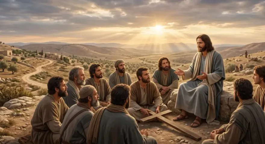 Jesus lehrt seine Jünger, die Landschaft von Psalm 26 im Hintergrund.