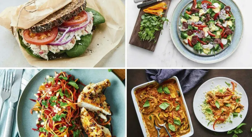 Fyra maträtter: smörgås, sallad, kyckling med grönsaker och gryta. Bra för att få ditt protein per kilo kroppsvikt.
