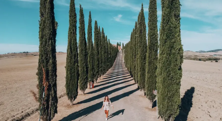Una donna cammina lungo un viale di cipressi nel Val d'Orcia, Italia, sotto un cielo azzurro.