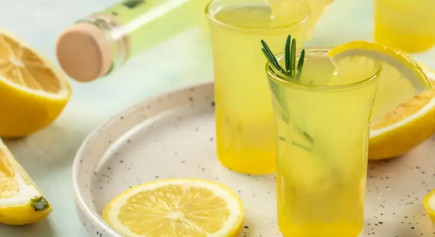 Orzeźwiający limoncello co to? Włoski likier cytrynowy w kieliszkach, ozdobiony cytryną i rozmarynem, obok butelki i świeżych cytryn.