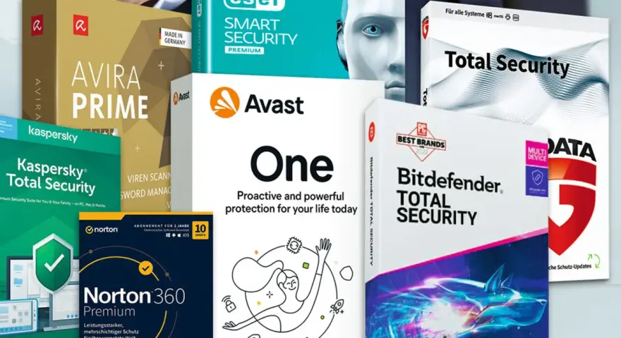 Pudełka programów antywirusowych: Avira Prime, Kaspersky Total Security, Avast One, Bitdefender Total Security, Norton 360 Premium.