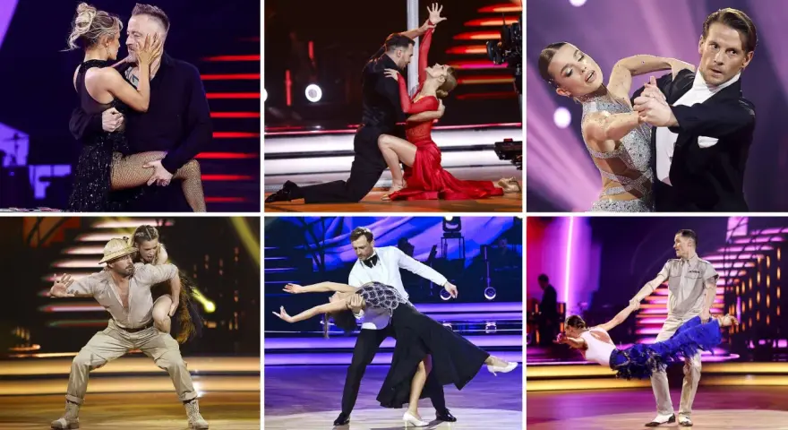 Pary tańczące w rytm piosenek do tańca. Widać ich w różnych stylizacjach i układach choreograficznych na scenie.