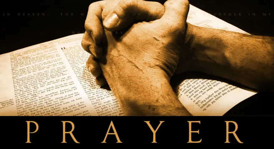 Hands clasped in prayer over an open Bible, with "PRAYER REQUESTS" displayed below.