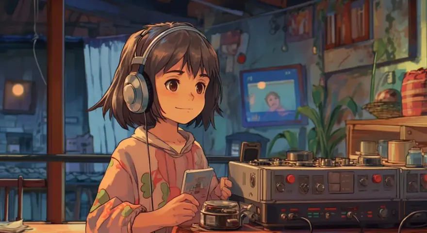 Une jeune fille avec des écouteurs profite d'une ambiance lo fi, tenant un livre et regardant un écran.