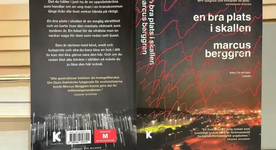 En bokklassiker: "En bra plats i skallen" av Marcus Berggren. En uppväxtskröna om en ung man i en kranskommun.