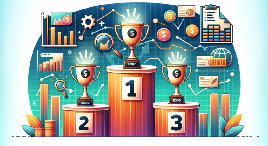 Trzy puchary na podium z numerami 1, 2, 3, symbolizujące najlepsze obligacje.