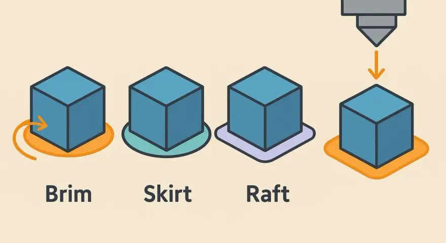 Ilustracja porównuje Brim, Skirt i Raft – elementy pomocnicze w druku 3D. Raft tworzy szeroką, płaską podstawę pod model.