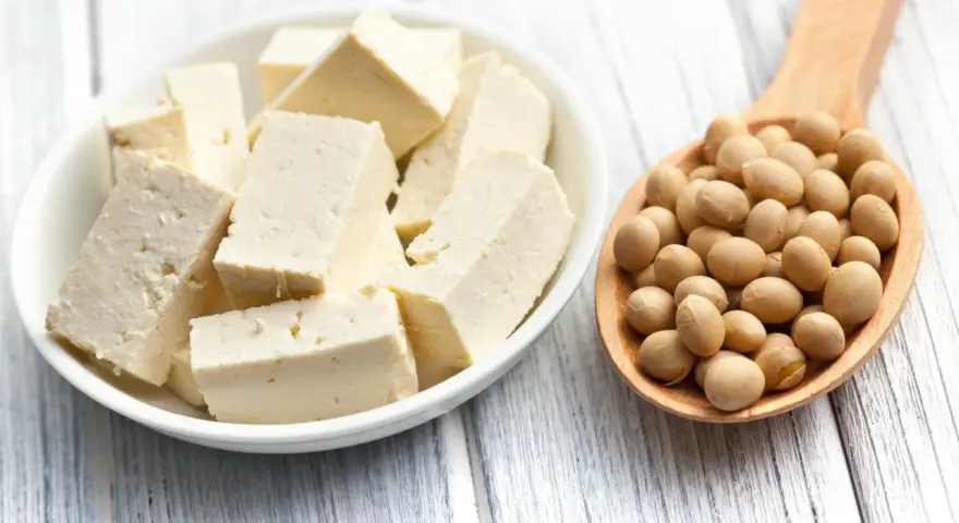 Kostki tofu w misce i łyżka pełna soi. Tofu co to? To produkt z soi, idealny do wegańskich dań.